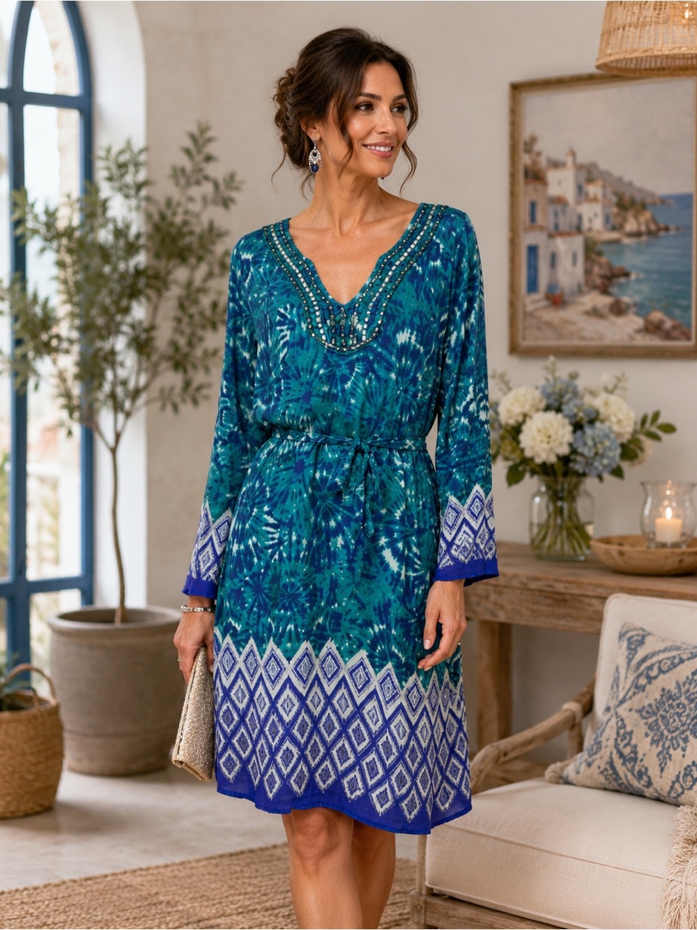 ACE Fashion Teal Blue Beaded Boho Midi Dress Size L Tie-Dye Rayon